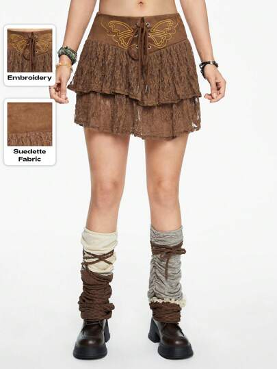 Fairycore Vintage Butterfly Embroidery Drawstring Contrast Lace Skirt For Summer