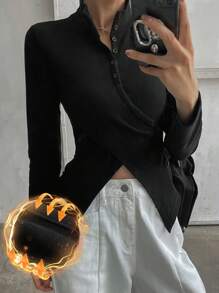 DAZY Women's Thermal Lined Slim Fit Button Up T-Shirt,Fall Clothes Long Sleeve Women Tops,Thermal Lined Turtleneck Women - Black - View 1