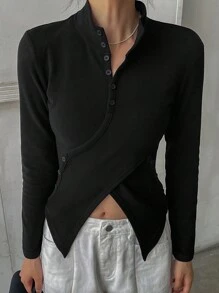 DAZY Women's Thermal Lined Slim Fit Button Up T-Shirt,Fall Clothes Long Sleeve Women Tops,Thermal Lined Turtleneck Women - Black - View 4