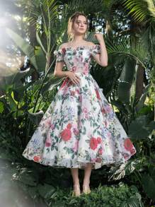 Off Shoulder Lace Up Back Ruffle Trim Floral Organza Homecoming Prom Dress Perfect For Back To School, Gathering, Dance & Cocktail Events, White Elegant Semi Formal Dress, For Birthday, Wedding Guest, Graduation