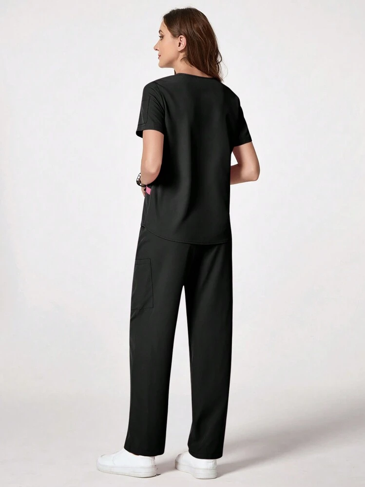 TaskEZ Solid Color Patchwork V-Neck Short Sleeve Top And Pocket Pants Uniform Scrub Set - Black - View 2