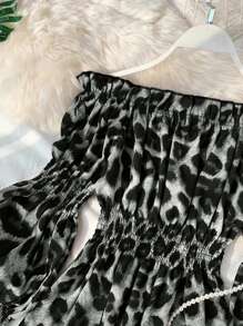 Franclia Women's Fall Off Shoulder Lantern Sleeve Ruched Leopard Print Blouse Women Shirt - Light Grey - View 4