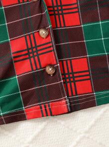 2pcs Baby Girls Casual & Comfortable Knitted Plaid Print Collared Cardigan And Pants Homewear Set, For Christmas - Multicolor - View 5