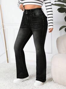 SHEIN EZwear Plus Size Button Waistband Pockets Street Versatile Flare Jeans