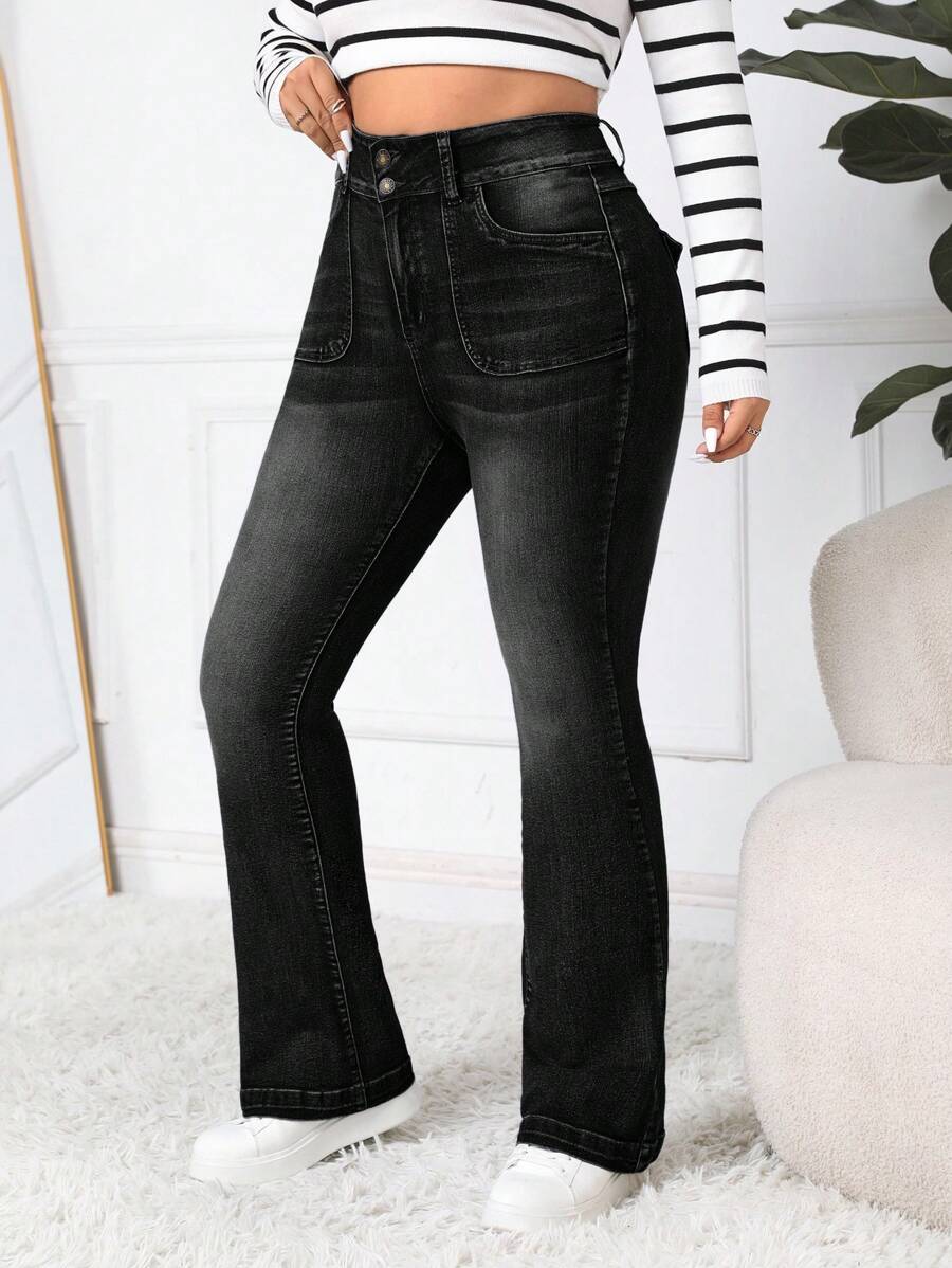 SHEIN EZwear Plus Size Button Waistband Pockets Street Versatile Flare Jeans