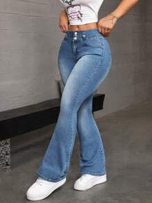 SHEIN EZwear Celana Jeans Denim Kasual Wanita dengan Kancing Depan, Banyak Saku, dan Bordir Simpul Pita - Light Wash - View 4