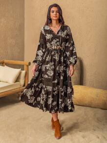 Rusttydustty Bohemian Print Casual Dress For Women - Coffee - View 3