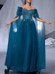 Glamrae Elegant And Gorgeous Navy Blue Asymmetrical Neck Off-Shoulder Floating Sleeves Chiffon Bone Bodice With Herringbone Stitching With Luxurious Handmade Sequins And Tulle Hem. Suitable For Weddings, Parties, Graduations, Proms And Formal Occasion Evening Gowns (Heavy Work Style), Long Sleeve Dress, For Wedding Guest, Dinner Party Dress - Navy Blue - View 5