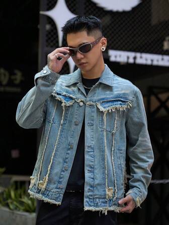 Manfinity Roghcode Men's Spring & Autumn Long Sleeve Patchwork Fringe Cargo Pockets Casual Denim Jacket
