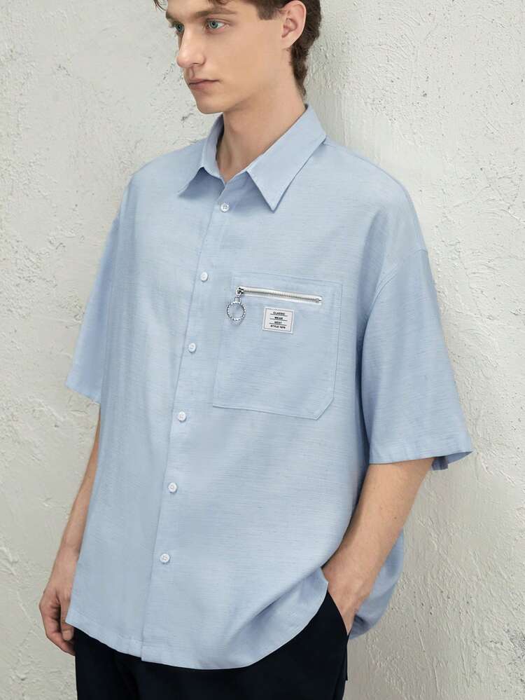 Men's Linen Blend Collared Short Sleeve Pocket Casual Shirt
