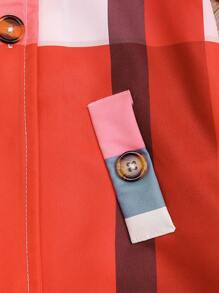 女宝宝格子拼布长袖纽扣前翻领风衣，休闲日常穿着 - 紅色 - 查看 5