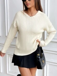 SHEIN Unity Gerippter Oversized Hoodie-Pullover Einfarbig, gestrickter Pullover für Herbst und Winter - Weiss - Übersicht 3