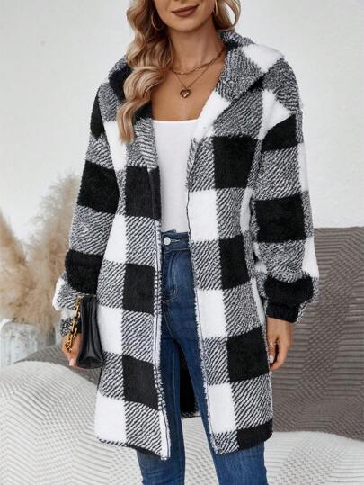 EMERY ROSE Women's Elegant Casual Winter Fluffy Black & White Plaid Long Sleeve Jacket