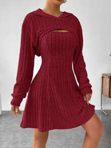 SHEIN EZwear 2pcs/Set Women's Solid Color Sleeveless Dress & Hooded Crop Top Set - Burgundy - View 4