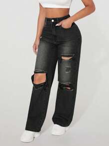 SHEIN PETITE Women Simple Washed Daily Ripped Slant Pocket Jeans - Black - View 3