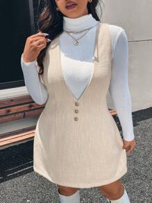SHEIN Frenchy Plus Size V-Neck Front Button Minimalist Elegant Suspender Mini Dress - Apricot - View 4