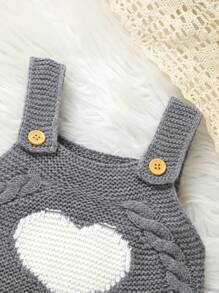 女婴正面纽扣宽肩带心形图案针织连体衣，休闲日常穿着 - 灰色 - 查看 4