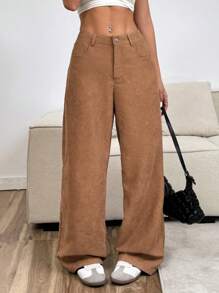 Muchica Brown Corduroy Wide Leg Pants For Women, Autumn New Arrival - Brown - View 4