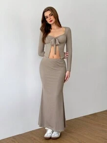 Flirla Autumn Women Versatile Tie-Up Fishtail Dress Suit