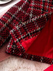 2pcs Young Girls Tweed Round Neck Jacket & Mesh Contrast Dress Set, Suitable For Parties Or Formal Occasions - Red - View 5