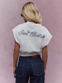 MISSGUIDED V 领学院风袖“巴黎”正面刺绣褶皱下摆短款上衣