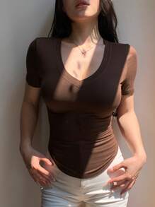 Joudiya 女士休闲纯色 V 领短袖 T 恤，夏季 - 咖啡棕 - 查看 3