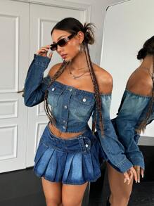 SHEIN ICON 女士露肩牛仔夹克，蓝色 - 中等水洗藍 - 查看 1