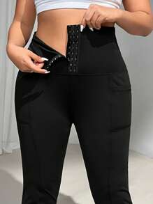 SHEIN EZwear Quần legging co giãn cạp cao cỡ lớn cho nữ, Quần mặc hàng ngày/ngoài trời/tập yoga, Màu đen, Nhiệt độ mặc được 50-70°&70-90°F, Co giãn, Cài nút, Quần legging định hình cơ thể, Bộ đồ hai mảnh cho nữ, Quần legging có túi - màu đen - Xem 2