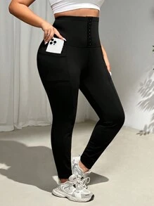 SHEIN EZwear Quần legging co giãn cạp cao cỡ lớn cho nữ, Quần mặc hàng ngày/ngoài trời/tập yoga, Màu đen, Nhiệt độ mặc được 50-70°&70-90°F, Co giãn, Cài nút, Quần legging định hình cơ thể, Bộ đồ hai mảnh cho nữ, Quần legging có túi - màu đen - Xem 5