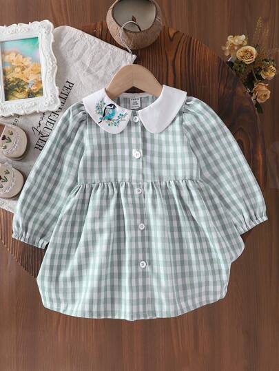 Vestido xadrez bordado para bebês meninas, outono