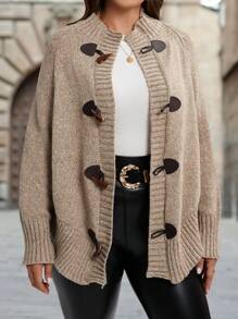 SHEIN LUNE Plus Size Women Plus Stand Collar Raglan Sleeve Long Sleeve Casual Cardigan - Beige - View 4