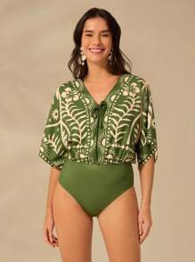 CAJUNI Women's Boho Print, Coconut Tree, Sun And Tropical Floral Print, V-Neck Tie-Up Sleeve Green Bodysuit, Summer Casual, Beach Getaway Bodysuit - Green - View 5