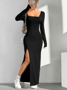 SHEIN EZwear Women's Solid Color Long Sleeve Square Collar Split Hem Casual Dress - Black - View 3