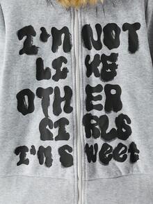 SHEIN MOD Áo hoodie in chữ cổ điển màu xám có cổ lông cho nữ, áo nỉ phong cách thường ngày cho mùa thu đông - Xám - Xem 3