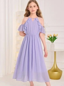 SHEIN Tween Girl Keyhole Neck Cold Shoulder Ruffle Trim Chiffon Dress - Lilac Purple - View 6