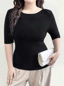 Flirla 大码纯色圆领短袖简约针织上衣，休闲日常穿着 - 黑色 - 查看 5