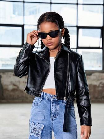SHEIN Tween-Mädchen Strickjacke aus einfarbigem PU Leder mit Langarm, für Herbst und Winter