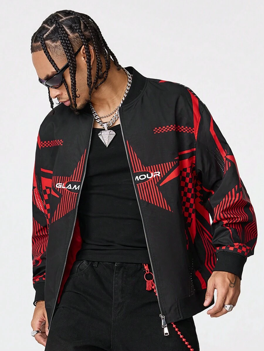 Manfinity VCAY Men's Zip Front Long Sleeve Pocket Letter Print Casual Jacket