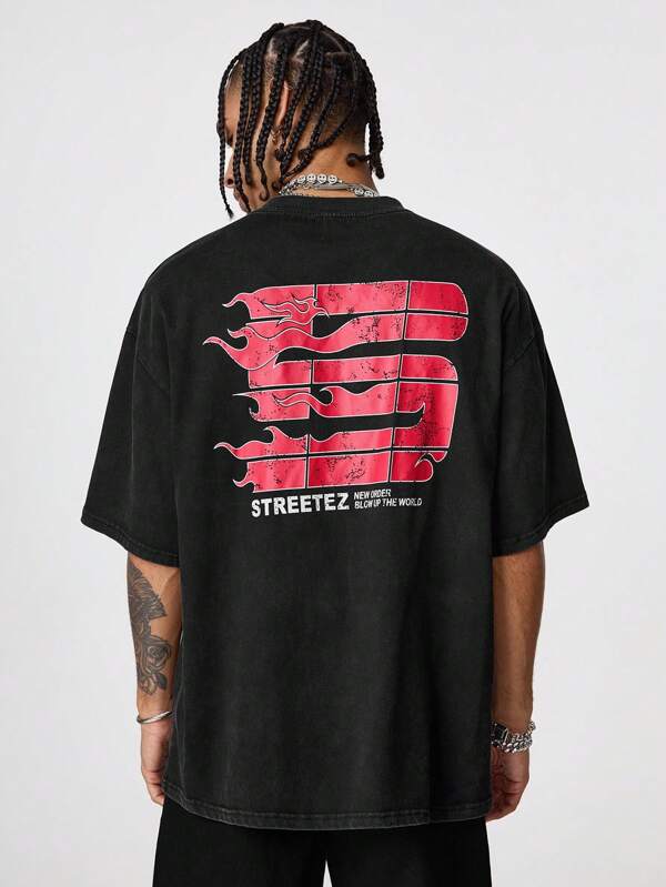 Manfinity VCAY Camiseta de cuello redondo de manga corta holgada de punto con estampado de copos de nieve para hombres