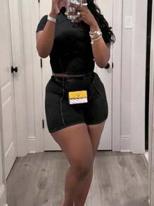 SHEIN 2pcs/Set Plus Size Women Solid Color Round Neck Raglan Sleeve Crop Top And Shorts Set, 2 Pieces Set Black, For Summer - Black - View 3