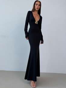 Aloruh Women's Sexy And Elegant Gathering Detail Deep-V Fitted With Gold Metal Decorated Black Cocktail Long Sleeve Dress Formal Dress Fall Women Dresses Prom Dress Black Dress Fall Women Clothes Long Sleeves Woman Knit Jersey Skinny Long Dress