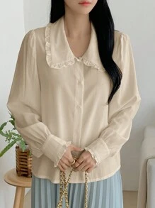 DAZY 宽松彼得潘领长袖女式衬衫夏季 - 米色 - 查看 3