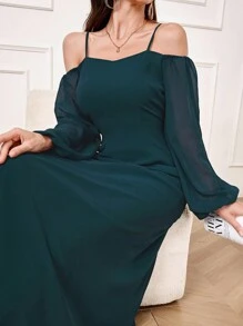 Modelyn فستان طويل أنيق لذوات الكتف المكشوف بأكمام فوانيس، لون واحد