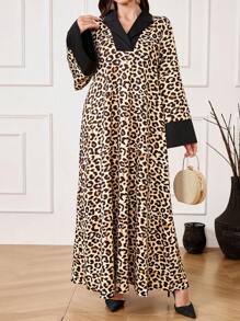 Al Najma Áo khoác cardigan Thổ Nhĩ Kỳ dài tay rộng rãi cổ bẻ họa tiết da báo cho nữ, phong cách thường ngày để mặc hàng ngày/du lịch/ngày lễ/nghỉ mát/ở nhà, váy Ả Rập dài đến đầu gối khiêm tốn - màu đen - Xem 4