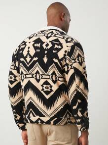 Manfinity VCAY 男士针织图案印花宽松落肩休闲夹克 - 黑色 - 查看 4