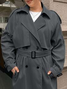 CovetEZ Plus Size Long Khaki Color Trench Coat, Early Autumn - Dark Grey - View 8