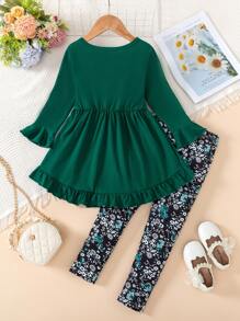 SHEIN Elladie kids 2 件套年轻女孩春秋休闲蝴蝶结装饰圆领长袖上衣和裤子套装 - 綠色 - 查看 2