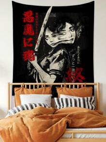 ROMWE Goth 1pc Dark Fantasy Anime Girl Print Polyester Tapestry, Suitable For Home Decor, Camping, And All Season Use - Multicolor - View 4
