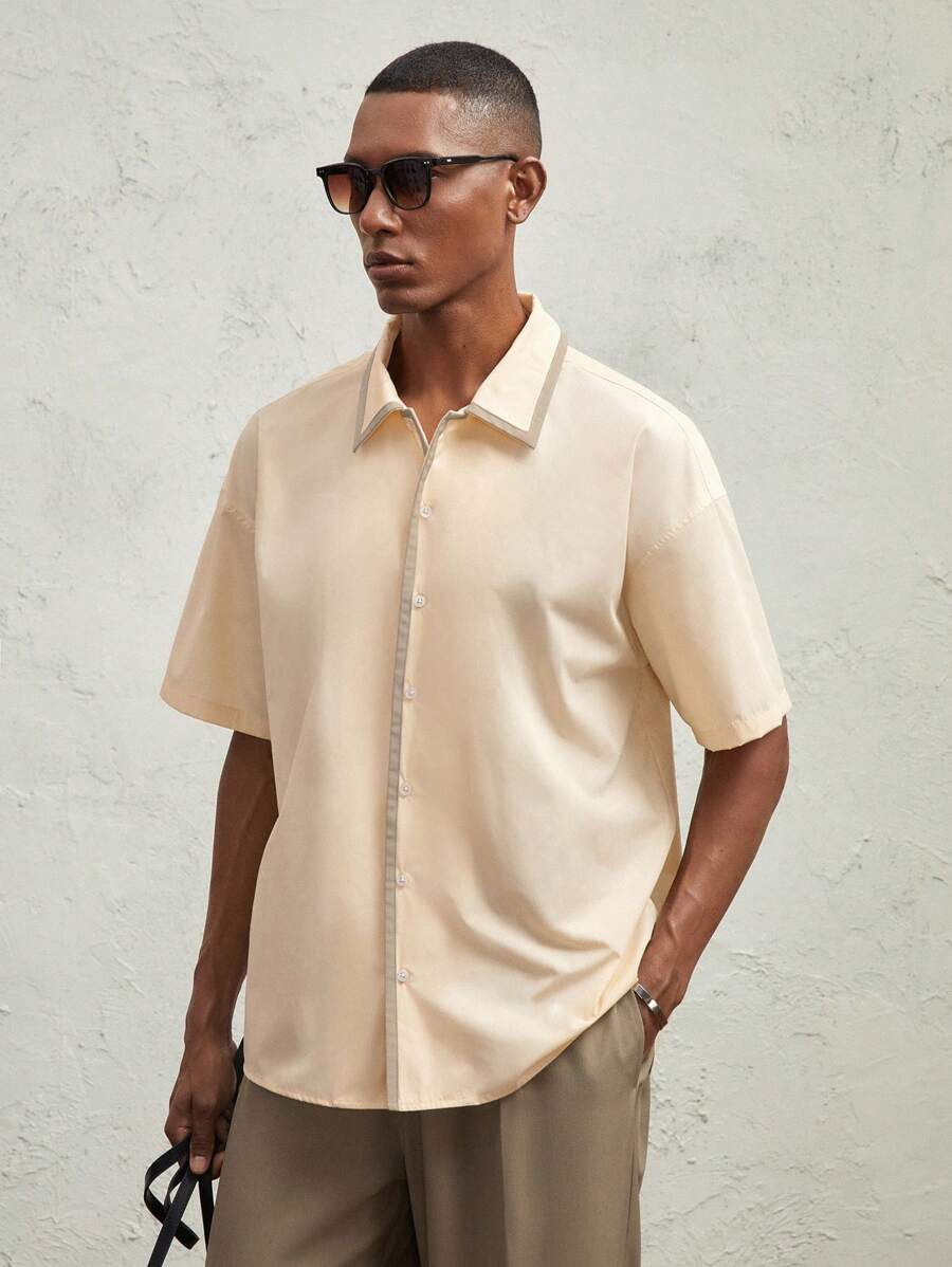 AKNOTIC Business Casual Herren Lose Passende Lässig Hemd mit Drop Shoulder Kurzarm, Geeignet für den Sommer