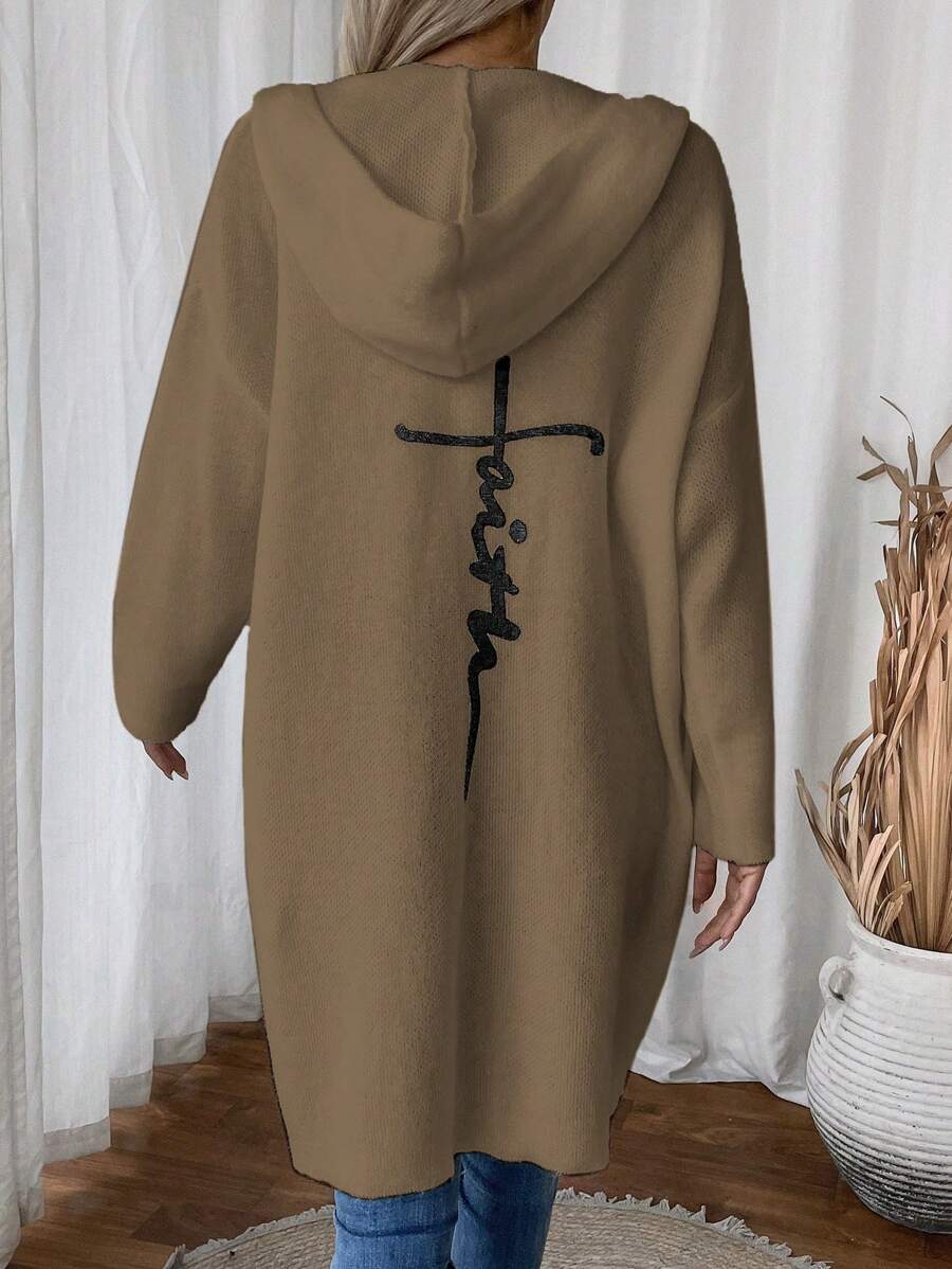 SHEIN LUNE 休闲字母图案长款连帽开衫，秋冬季针织套头衫 - 卡其色 - 查看 1